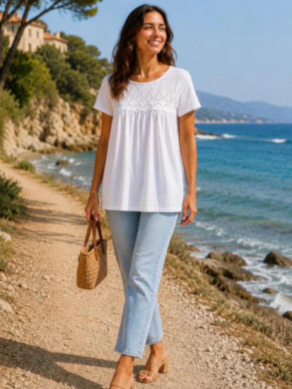 Jachs Girlfriend Sz L White Cotton Eyelet Knit Tee Babydoll Boho Peasant Blouse